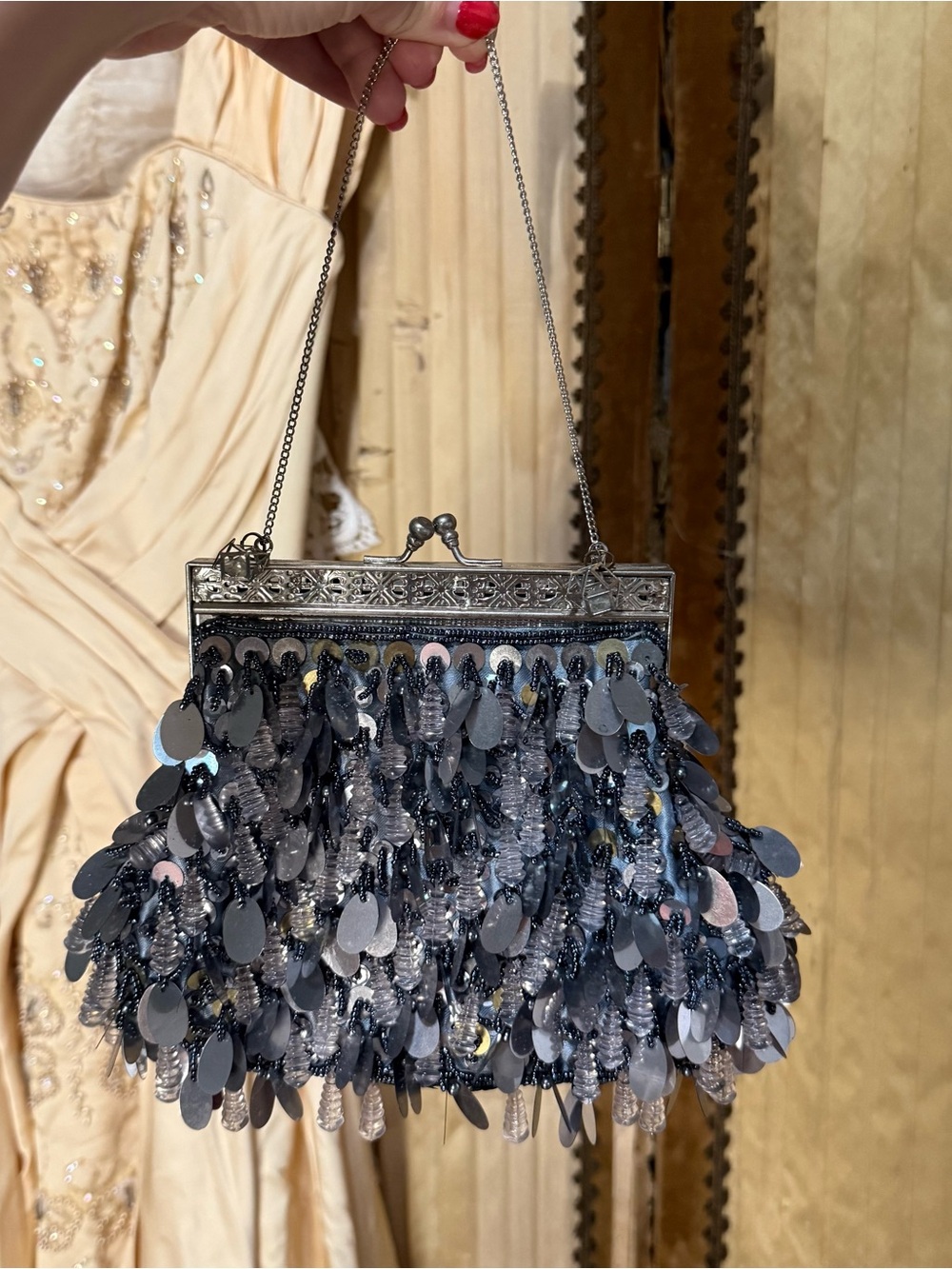 Vintage Silver Sequin Fringe Evening Bag